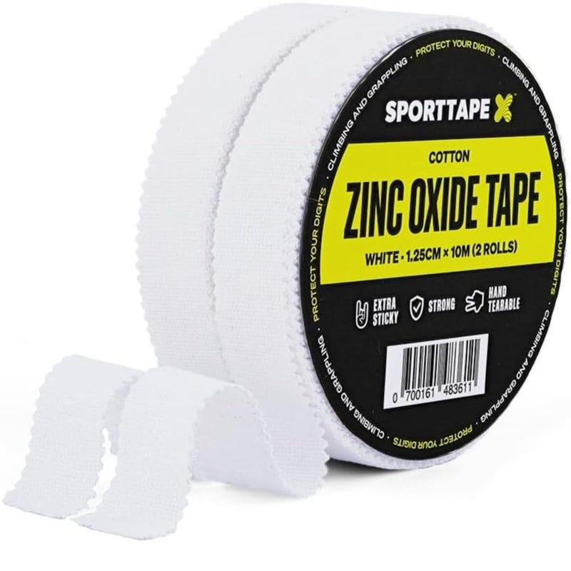 SPORTTAPE 2 Rolls (20m) Zinc Oxide Finger Tape - 1.25cm Wide - White | Sports Tape for Climbing, BJJ, Rugby, Weightlifting & Injury Strapping | Strong Adhesive Athletic Joint Support, Blisters & Grip